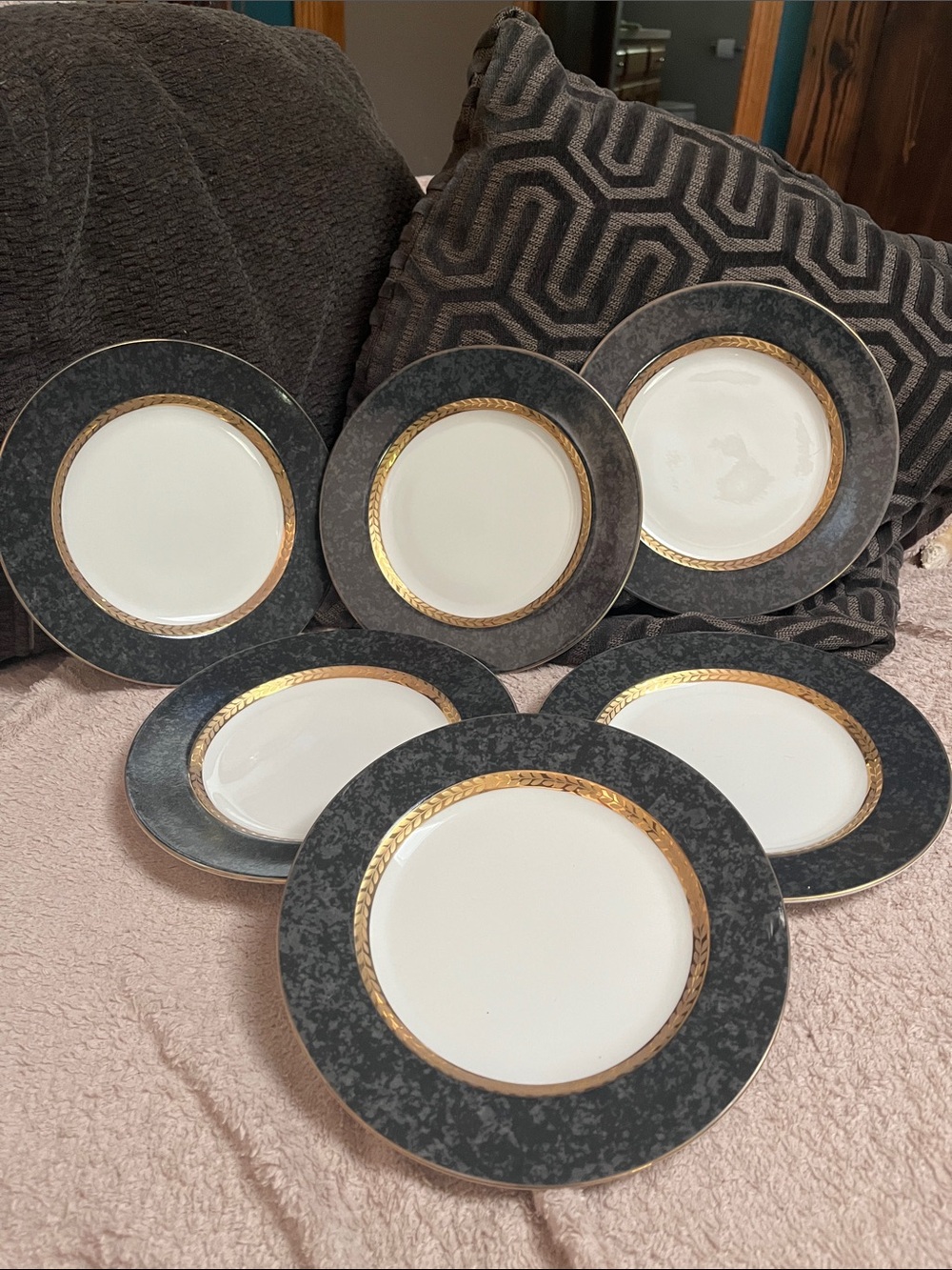 Retroneu 6pc 8 inch salad plate set fine China gold leaf trim #490
